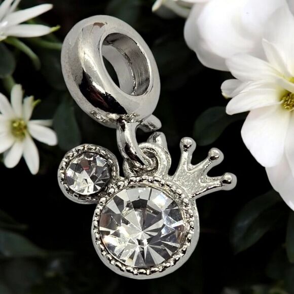 Mickey Mouse Ears Crown Hat Silver Zircon Bling Dangle Charm Pendant Bracelet - Picture 9 of 9